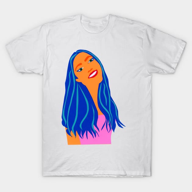 Beautiful Woman Blue Hair Paper Cut Out Original Art T-Shirt by VegShop